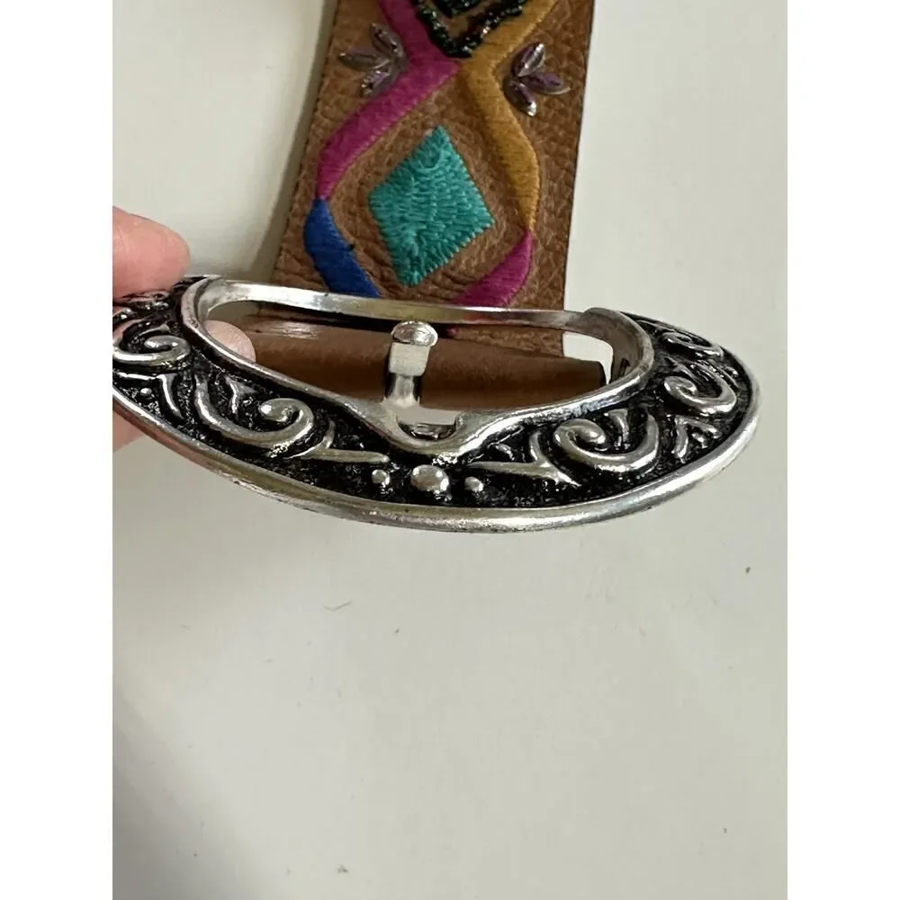 CHICO'S Women's Embroidered/Beaded Wide Leather Bohemian Belt Brown Size Large